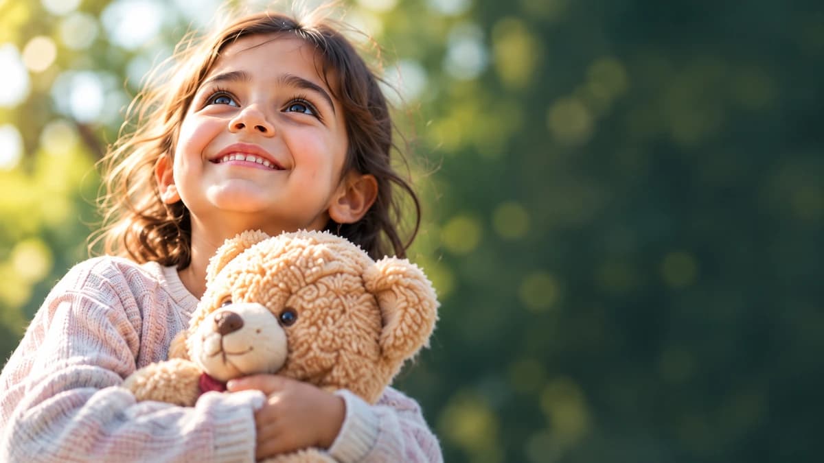 تصویر نمونه کودکی امیدوار با عروسک خرسی